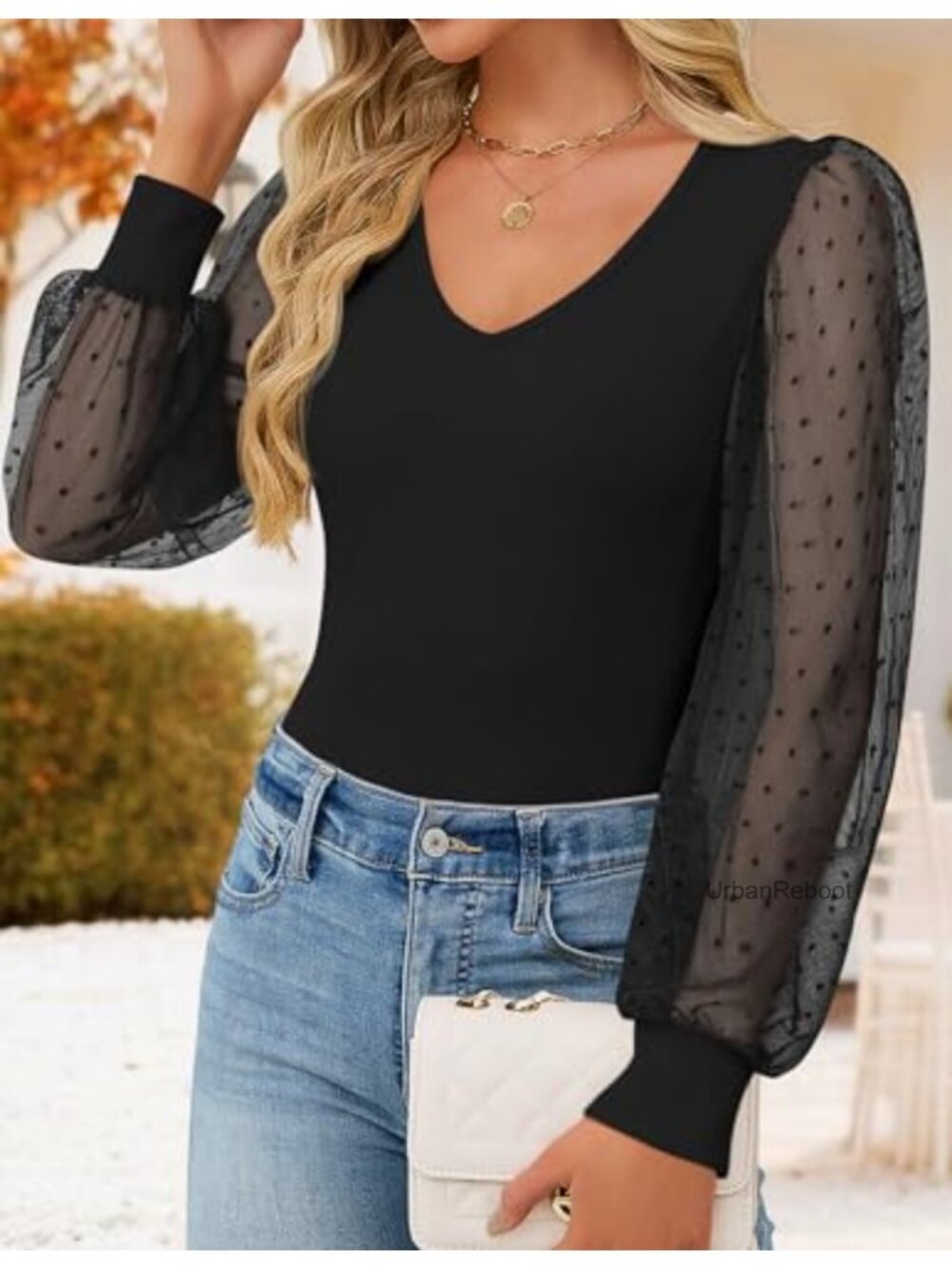 ZESICA Women's V-Neck Long Sleeve Ribbed Knit Mesh Puff Sleeve Dressy Casual Top - Picture 2 of 6